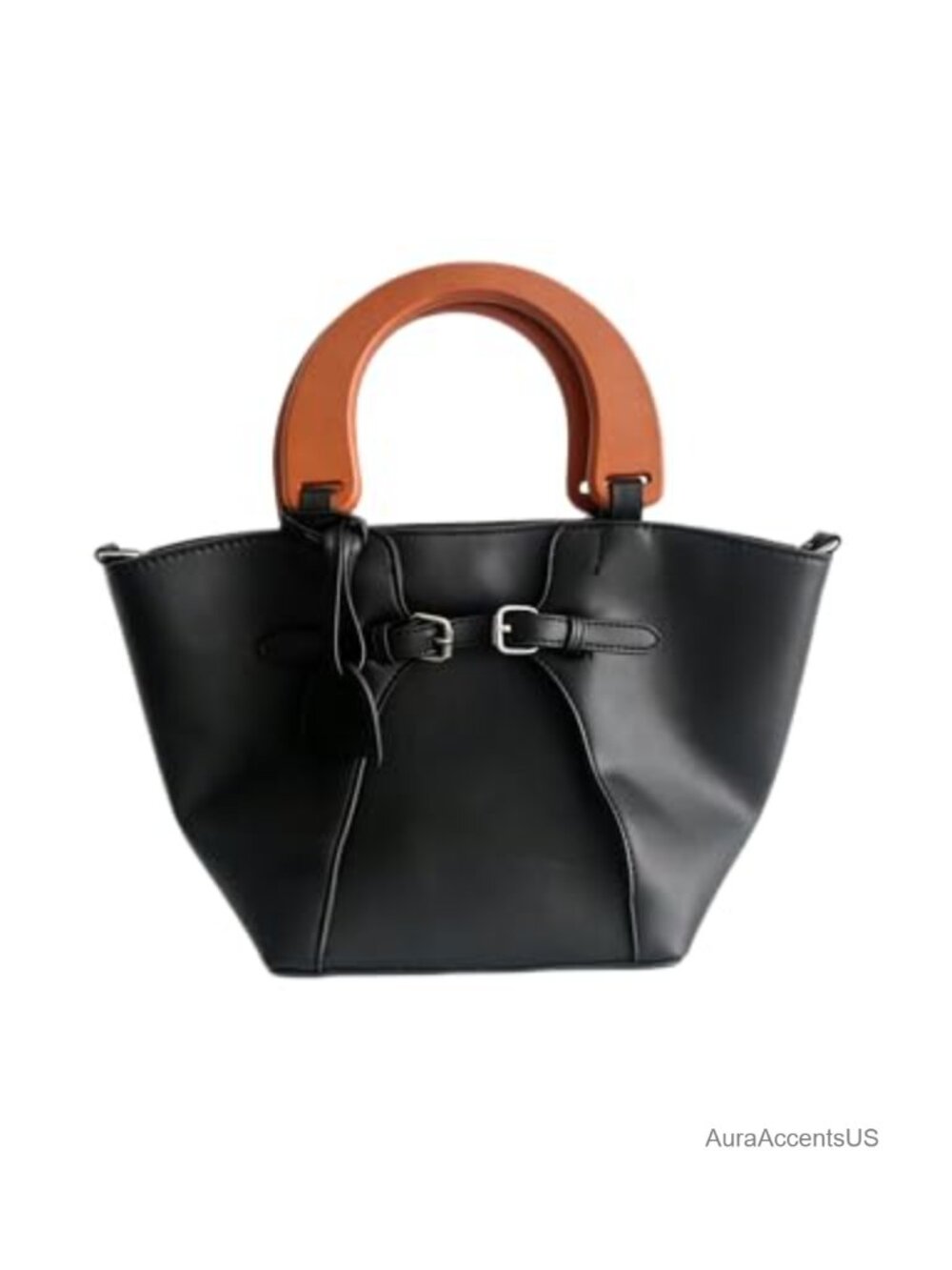 Soft Leather Small Bucket Bag with Wooden Top Handle Crossbody